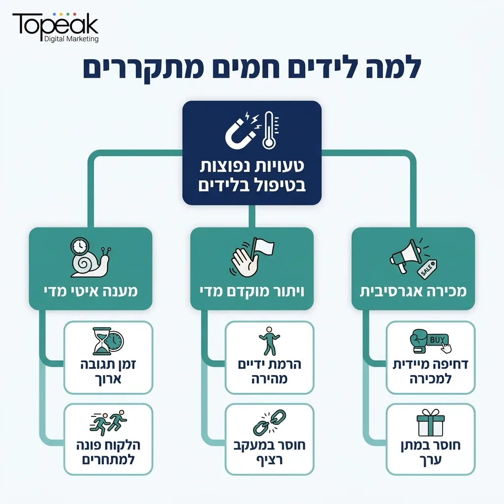 אינפוגרפיקה — למה לידים חמים מתקררים: טעויות נפוצות בטיפול בלידים