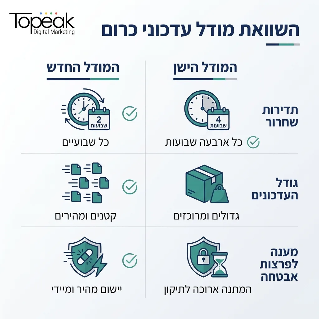 אינפוגרפיקה — השוואת מודל עדכוני כרום: השוואה בין המודל הישן, המודל החדש