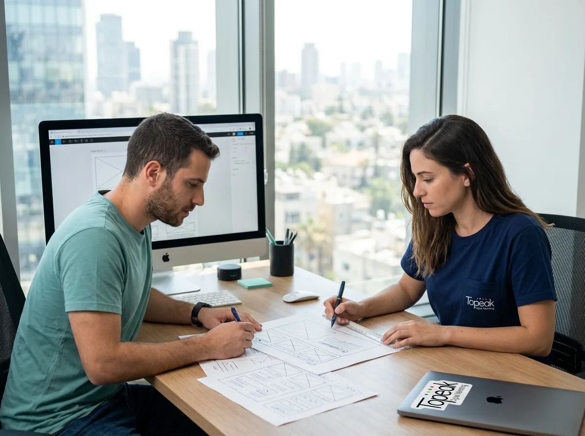צילום ריאליסטי של משרד ישראלי מואר, שני אנשי צוות יושבים מול מחשב ומתכננים מבנה עמוד אינטרנט על נייר, תאורה טבעית ופוקוס חד