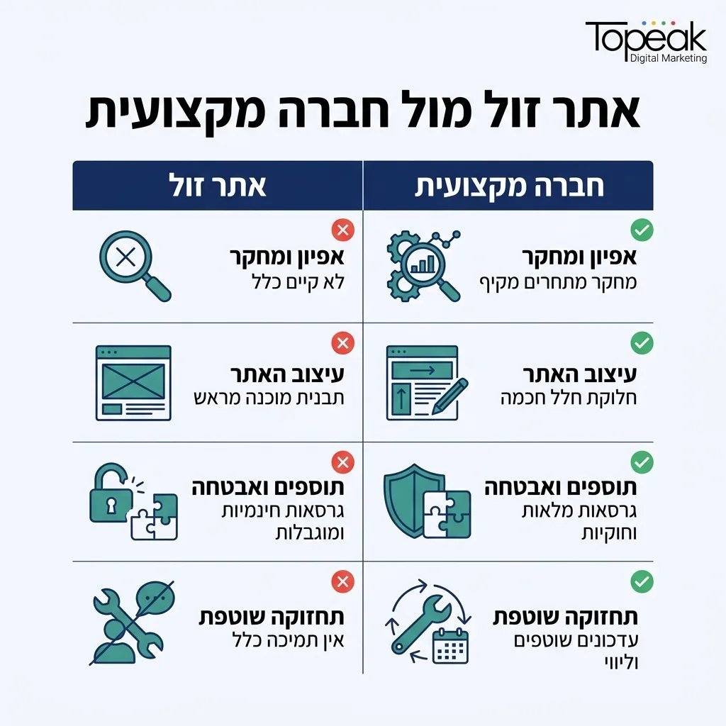 אינפוגרפיקה — אתר זול מול חברה מקצועית: השוואה בין אתר זול, חברה מקצועית