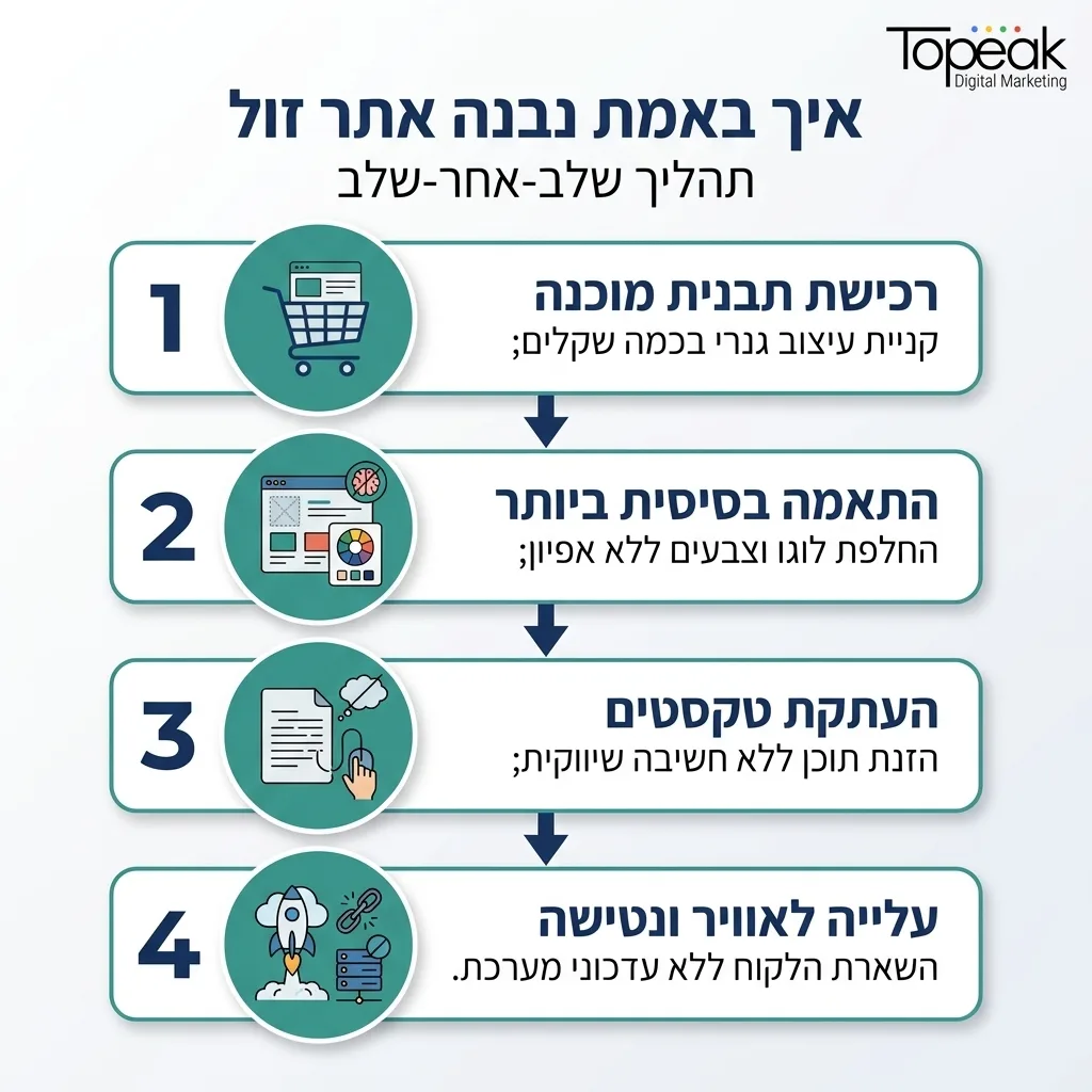 אינפוגרפיקה — איך באמת נבנה אתר זול: רכישת תבנית מוכנה, התאמה בסיסית ביותר, העתקת טקסטים, עלייה לאוויר ונטישה