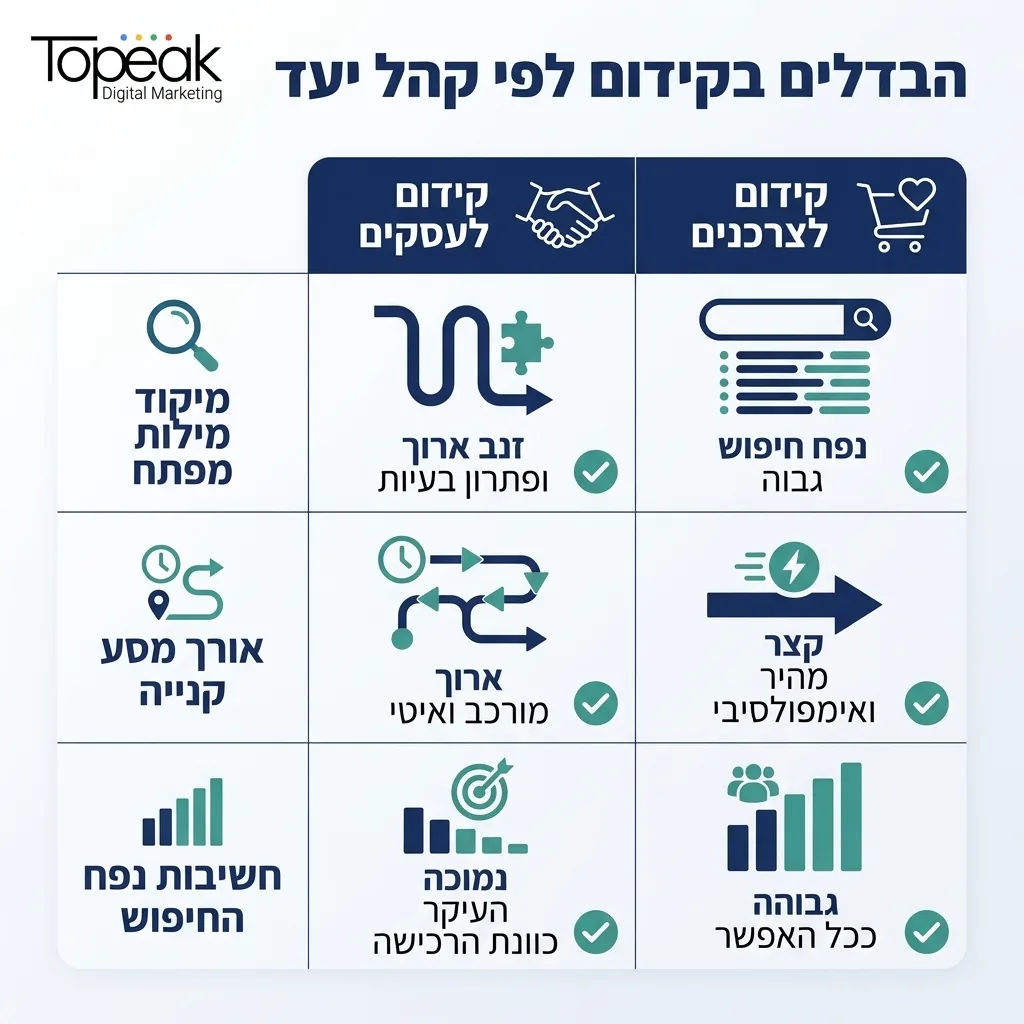 אינפוגרפיקה — הבדלים בקידום לפי קהל יעד: השוואה בין קידום לעסקים, קידום לצרכנים