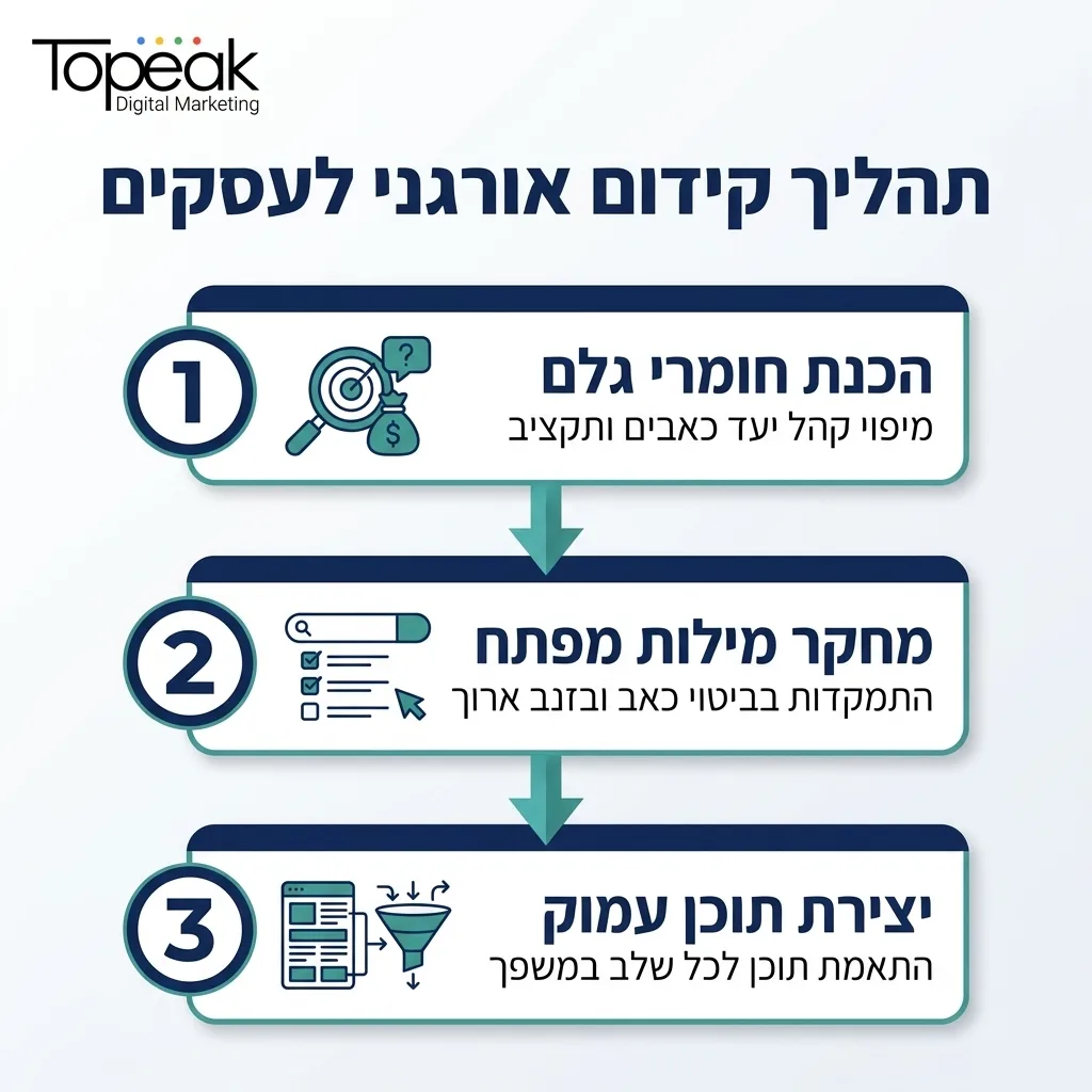 אינפוגרפיקה — תהליך קידום אורגני לעסקים: הכנת חומרי גלם, מחקר מילות מפתח, יצירת תוכן עמוק