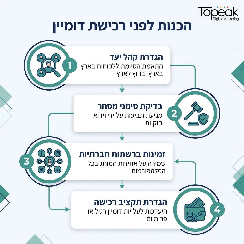 אינפוגרפיקה — הכנות לפני רכישת דומיין: הגדרת קהל יעד, בדיקת סימני מסחר, זמינות ברשתות חברתיות, הגדרת תקציב רכישה