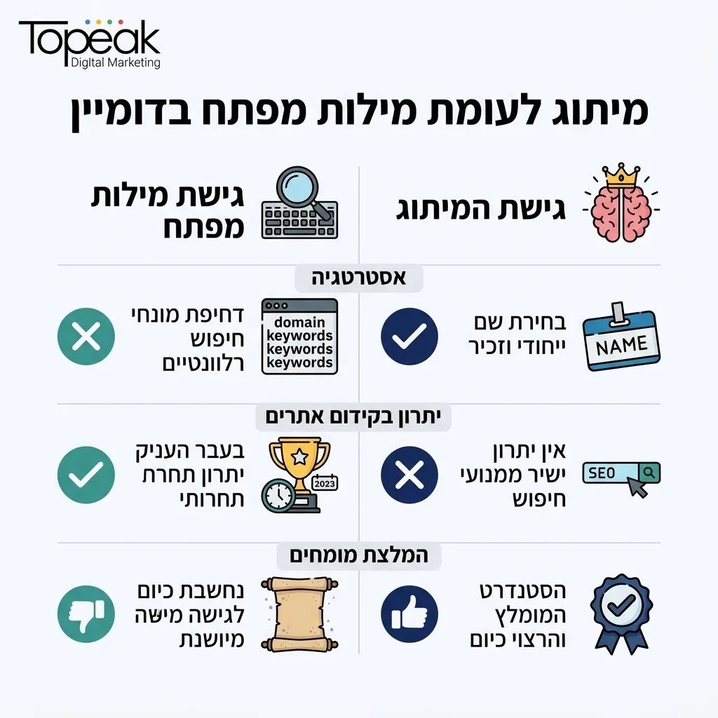אינפוגרפיקה — מיתוג לעומת מילות מפתח בדומיין: השוואה בין גישת המיתוג, גישת מילות מפתח