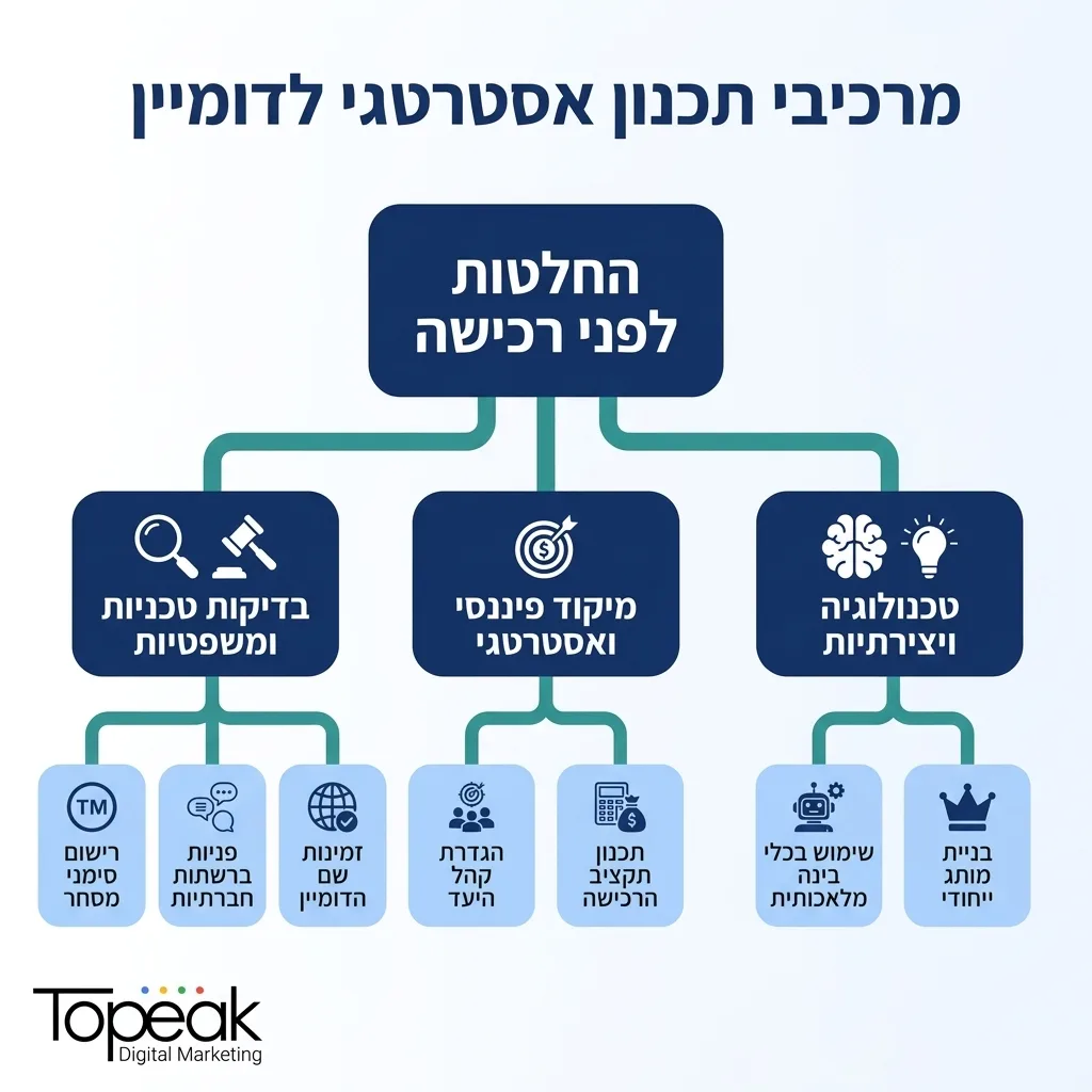 אינפוגרפיקה — מרכיבי תכנון אסטרטגי לדומיין: החלטות לפני רכישה