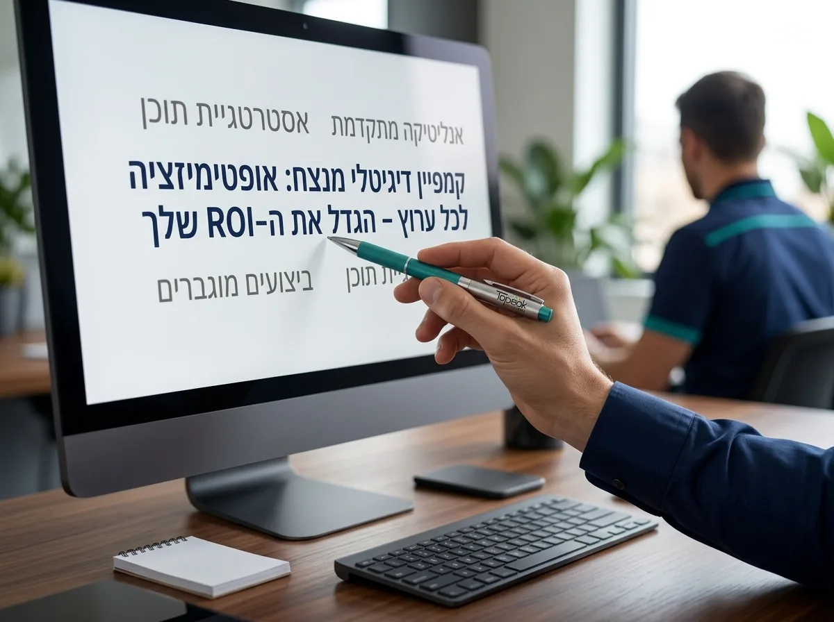 תקריב על מסך מחשב המציג טקסט שיווקי בעברית, כשדמות מצביעה בעט על שורת מפתח בטקסט, סביבת עבודה מקצועית