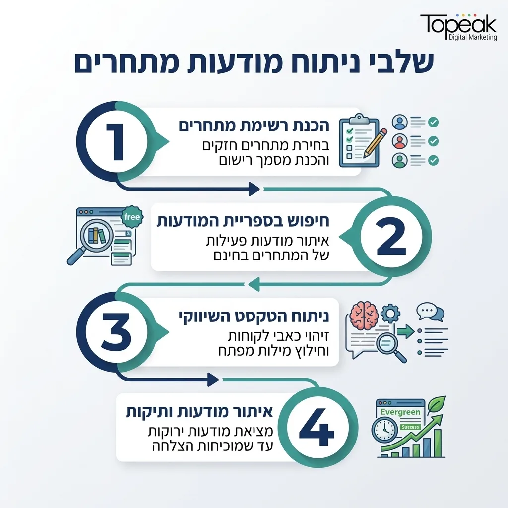 אינפוגרפיקה — שלבי ניתוח מודעות מתחרים: הכנת רשימת מתחרים, חיפוש בספריית המודעות, ניתוח הטקסט השיווקי, איתור מודעות ותיקות