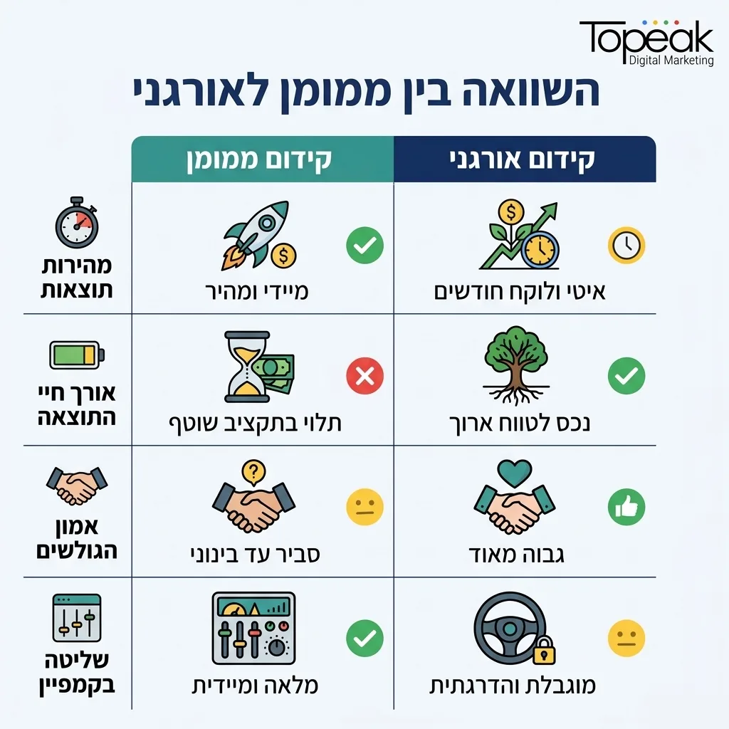 אינפוגרפיקה — השוואה בין ממומן לאורגני: השוואה בין קידום ממומן, קידום אורגני