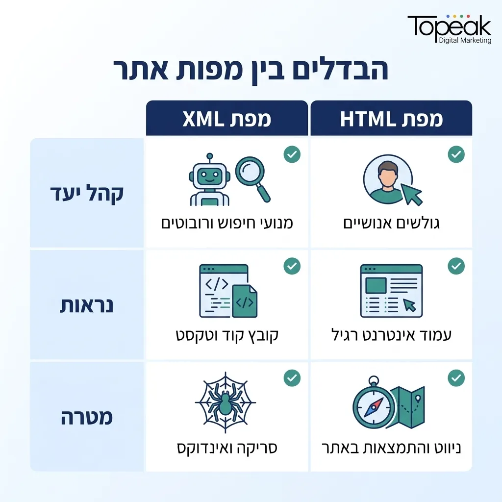 אינפוגרפיקה — הבדלים בין מפות אתר: השוואה בין מפת XML, מפת HTML