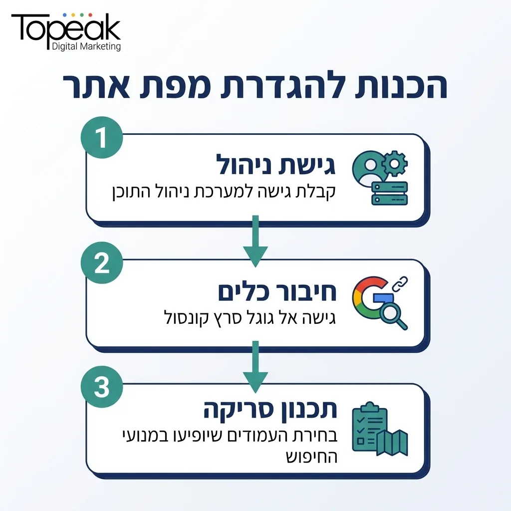 אינפוגרפיקה — הכנות להגדרת מפת אתר: גישת ניהול, חיבור כלים, תכנון סריקה