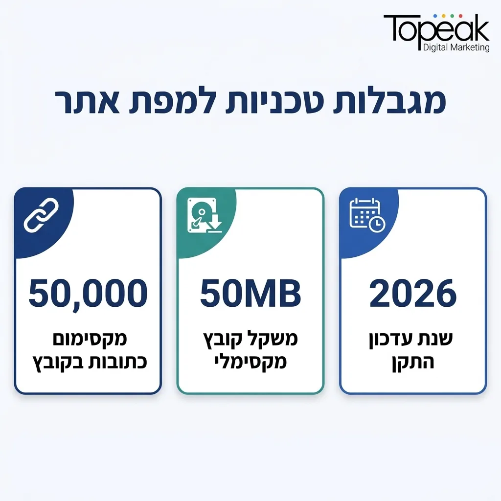 אינפוגרפיקה — מגבלות טכניות למפת אתר: מקסימום כתובות בקובץ, משקל קובץ מקסימלי, שנת עדכון התקן