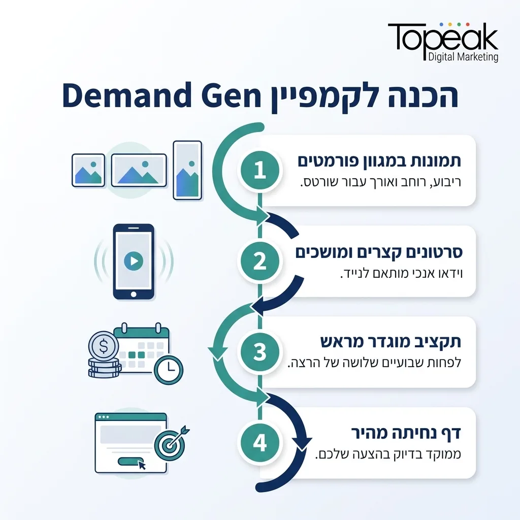 אינפוגרפיקה — הכנה לקמפיין Demand Gen: תמונות במגוון פורמטים, סרטונים קצרים ומושכים, תקציב מוגדר מראש, דף נחיתה מהיר