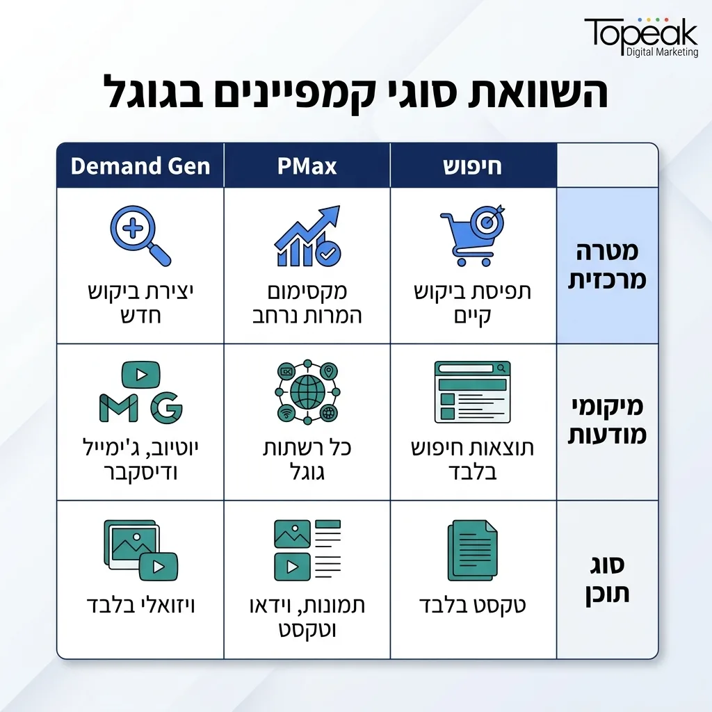 אינפוגרפיקה — השוואת סוגי קמפיינים בגוגל: השוואה בין Demand Gen, PMax, חיפוש