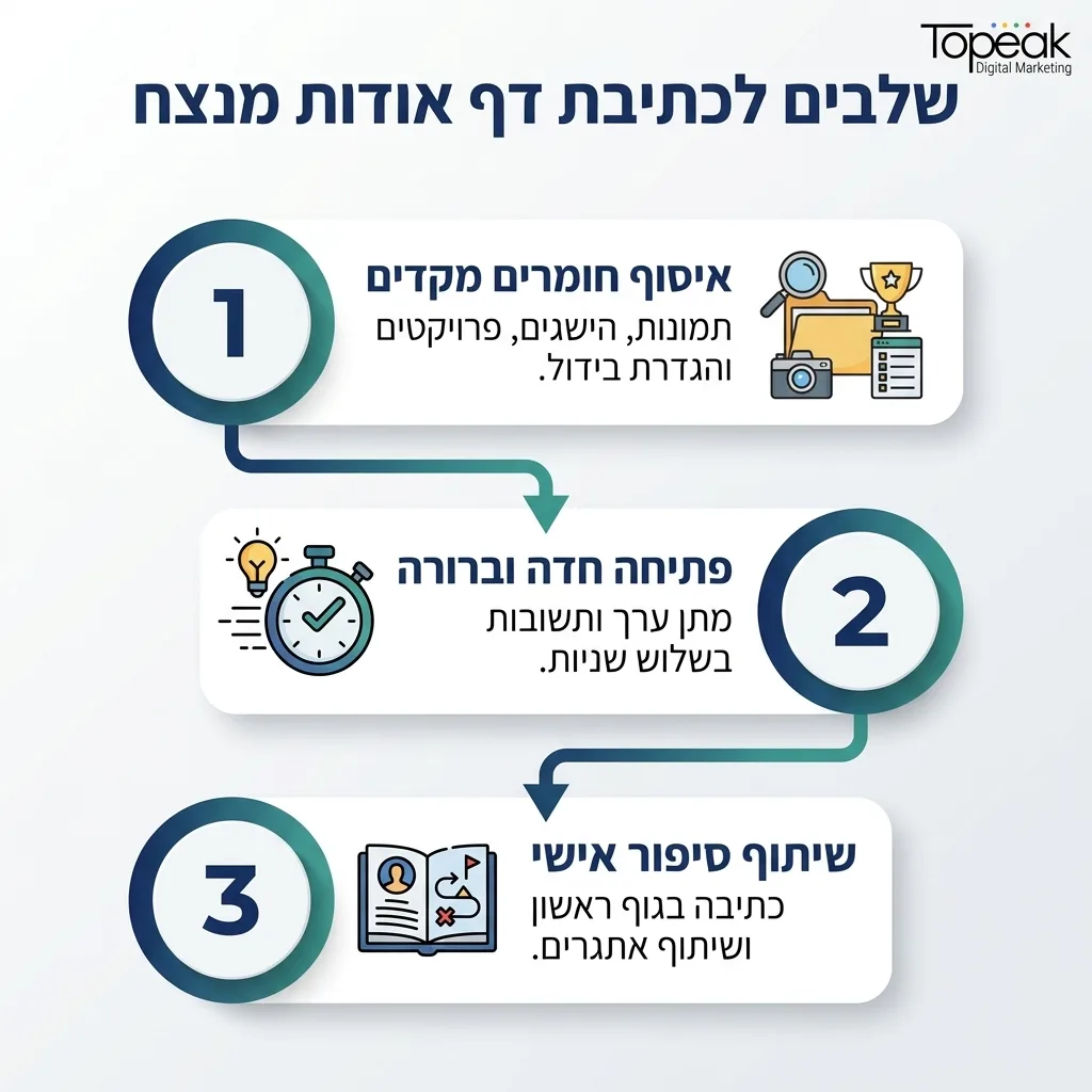 אינפוגרפיקה — שלבים לכתיבת דף אודות מנצח: איסוף חומרים מקדים, פתיחה חדה וברורה, שיתוף סיפור אישי