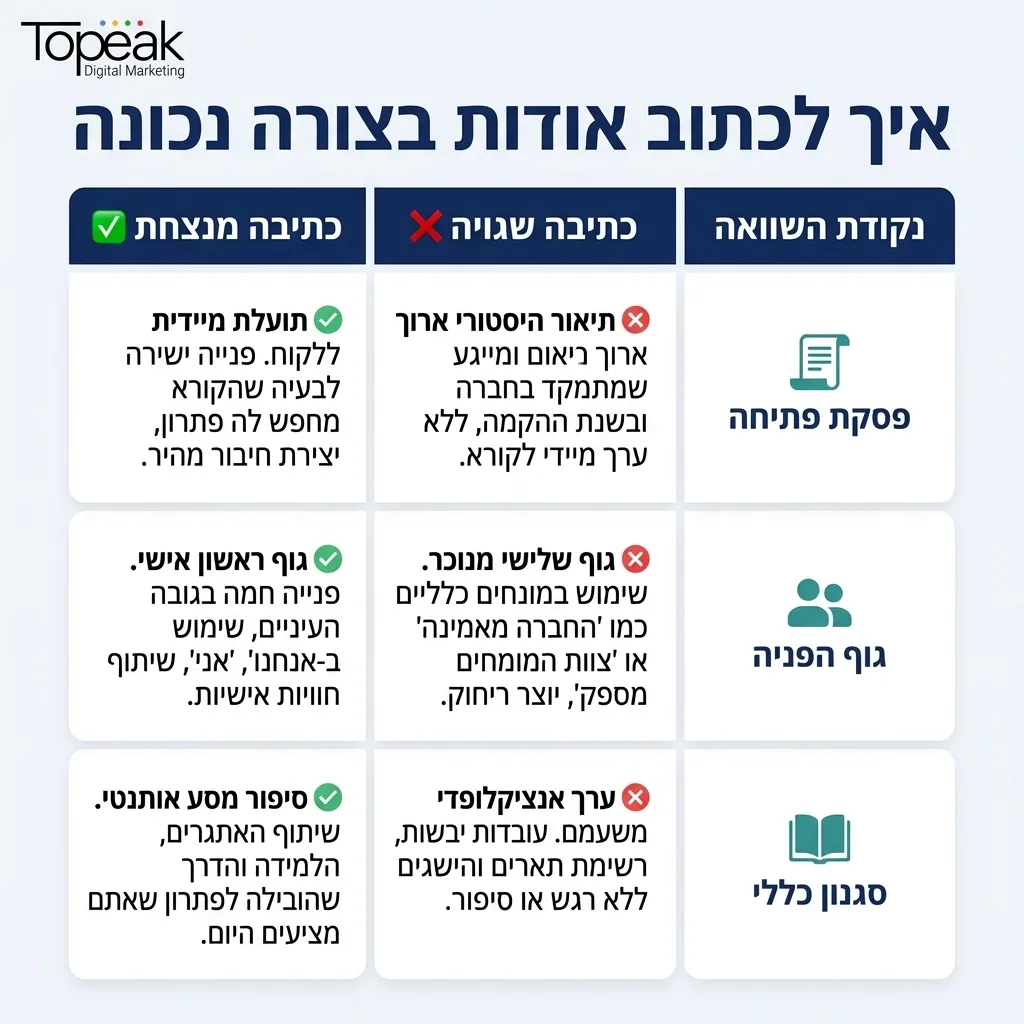 אינפוגרפיקה — איך לכתוב אודות בצורה נכונה: השוואה בין כתיבה שגויה, כתיבה מנצחת