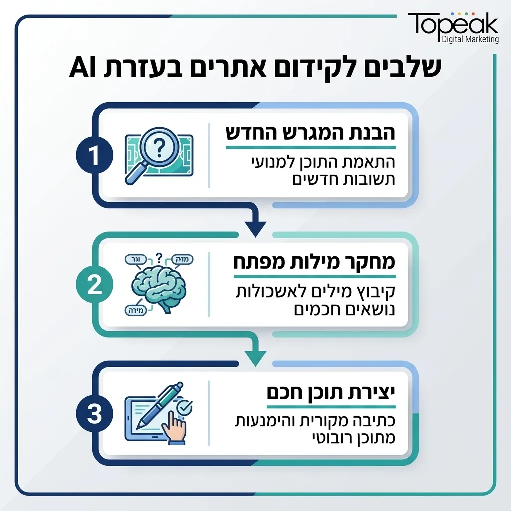 אינפוגרפיקה — שלבים לקידום אתרים בעזרת AI: הבנת המגרש החדש, מחקר מילות מפתח, יצירת תוכן חכם