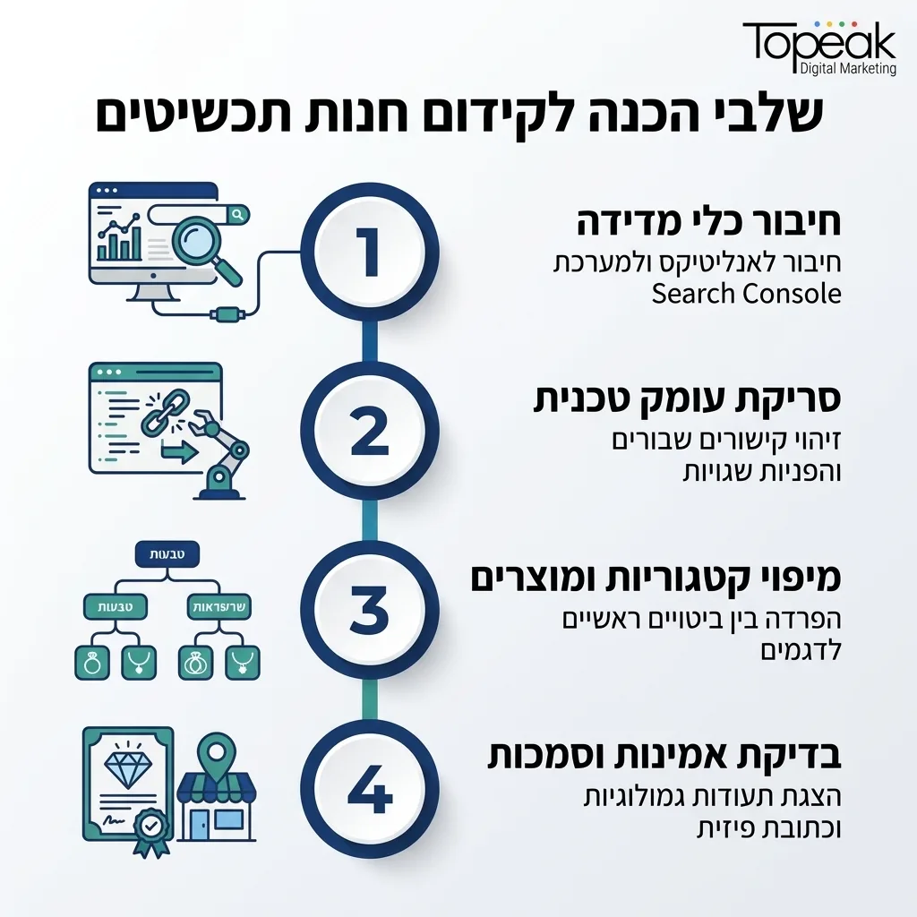 אינפוגרפיקה — שלבי הכנה לקידום חנות תכשיטים: חיבור כלי מדידה, סריקת עומק טכנית, מיפוי קטגוריות ומוצרים, בדיקת אמינות וסמכות