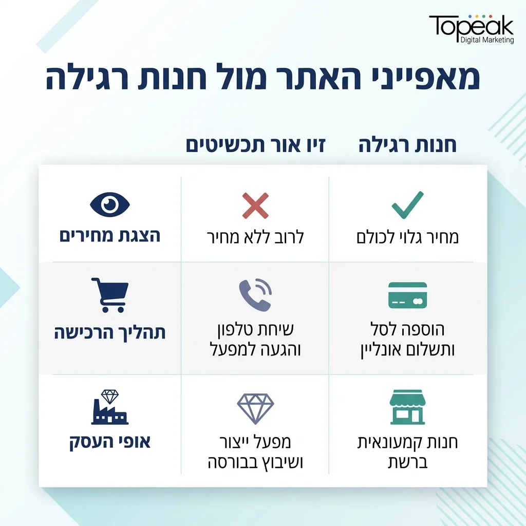 אינפוגרפיקה — מאפייני האתר מול חנות רגילה: השוואה בין זיו אור תכשיטים, אתר מסחר רגיל