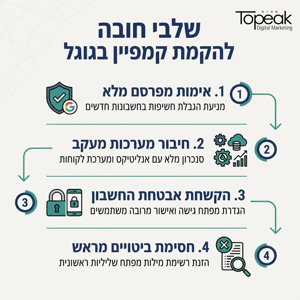 אינפוגרפיקה — שלבי חובה להקמת קמפיין בגוגל: אימות מפרסם מלא, חיבור מערכות מעקב, הקשחת אבטחת החשבון, חסימת ביטויים מראש